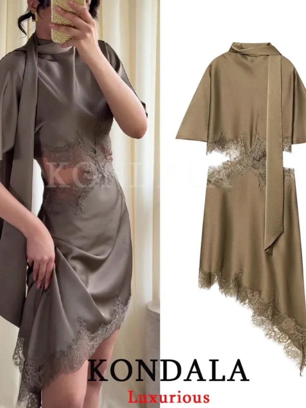 Zara Taupe Asymmetrical Lace-Trim Dress